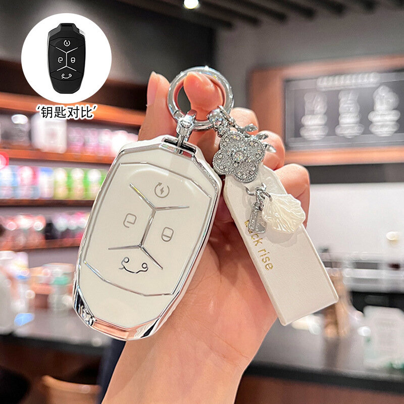 Премиум-чехол для ключей Lynk & Co 03 с белым лаковым шнуром и одиночным держателем для ключей