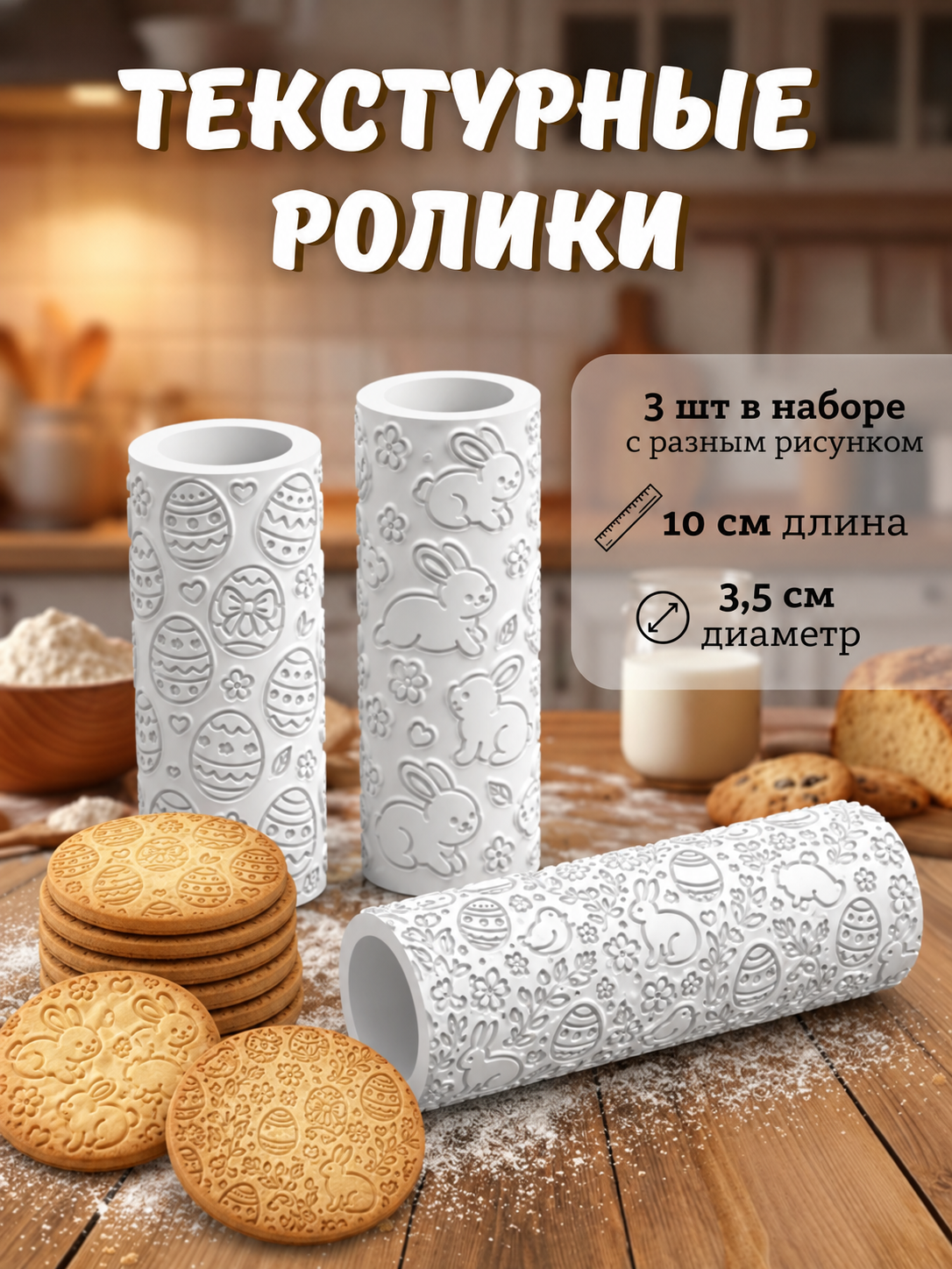 Текстурные ролики для теста и мастики Пасха, 3 шт 1097