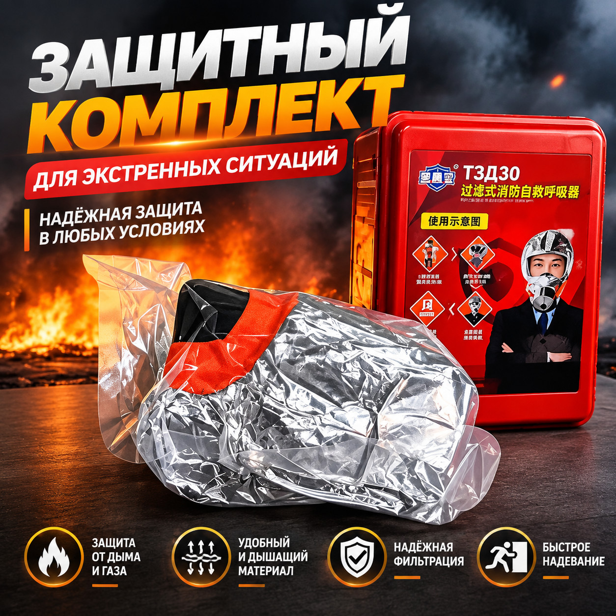 Респиратор профессиональный фильтрующий FFP3, 1 шт, защита от дыма и газа, для пожарной безопасности и эвакуации