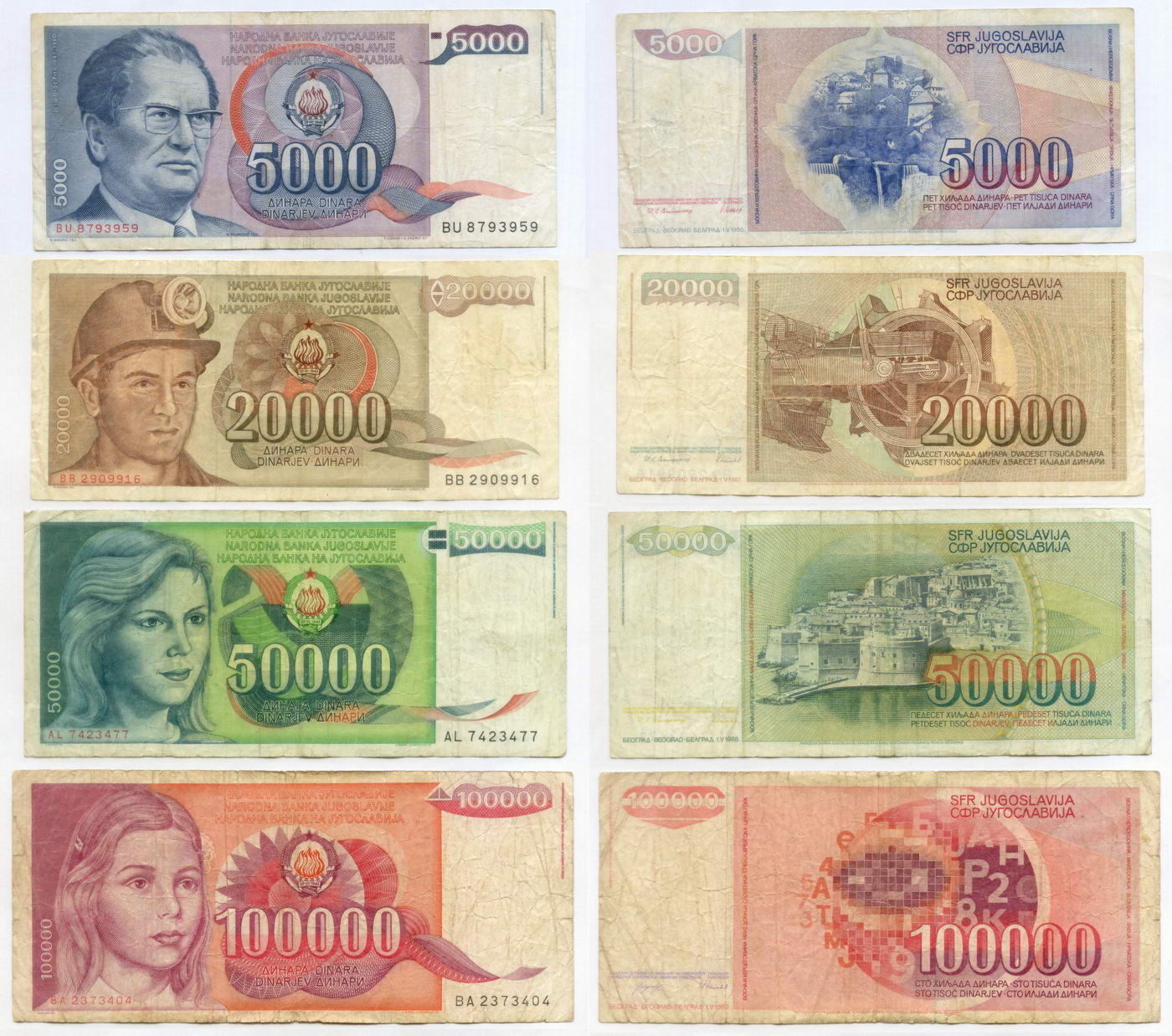 Банкноты Социалистическая Югославия 5000, 20000, 50000 и 100000 динаров 1985-1989 гг. Из обращения, реальные номера