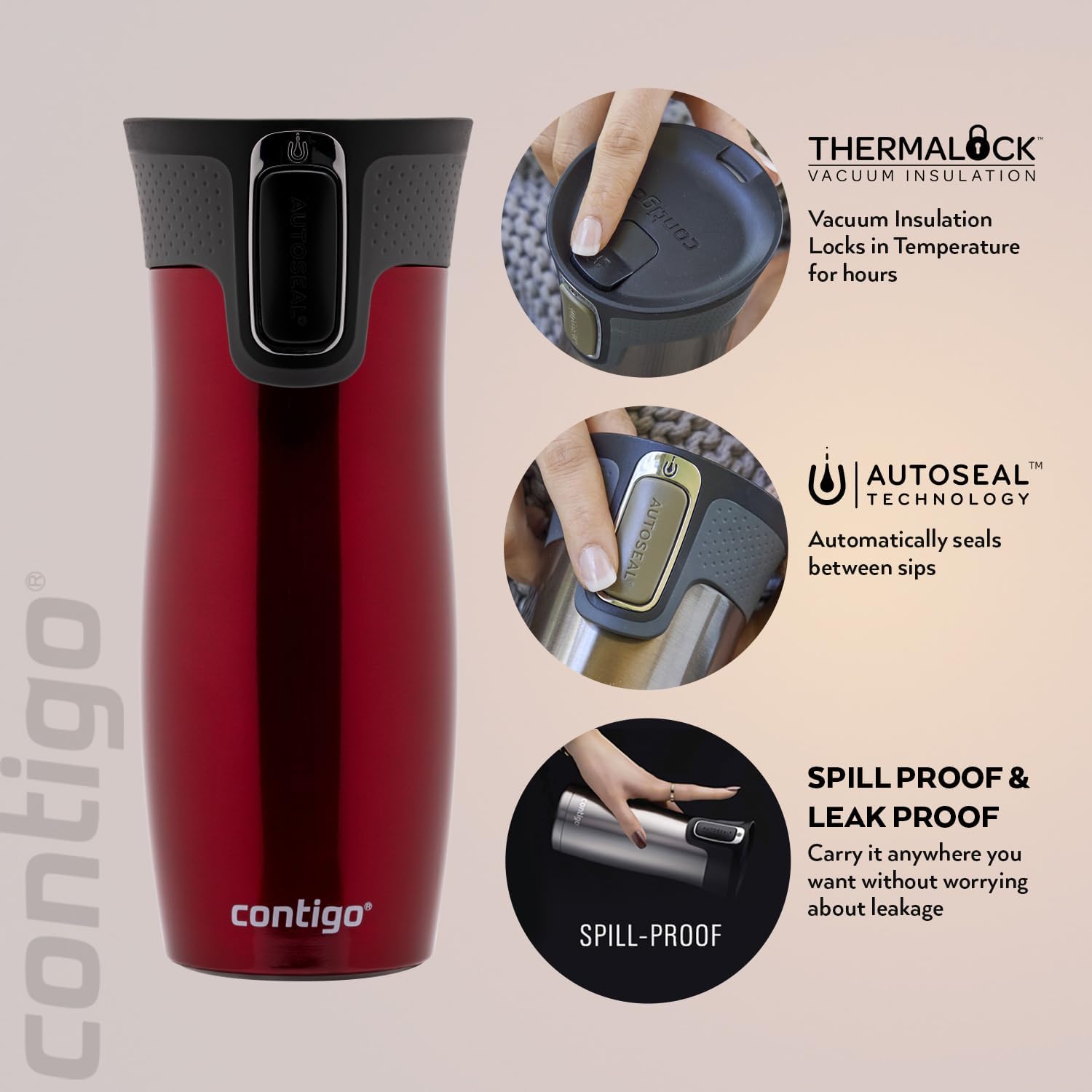 Contigo Термокружка 0.47 л, холод 12 ч, тепло 5 ч, непроливайка, отверстие для питья, красный