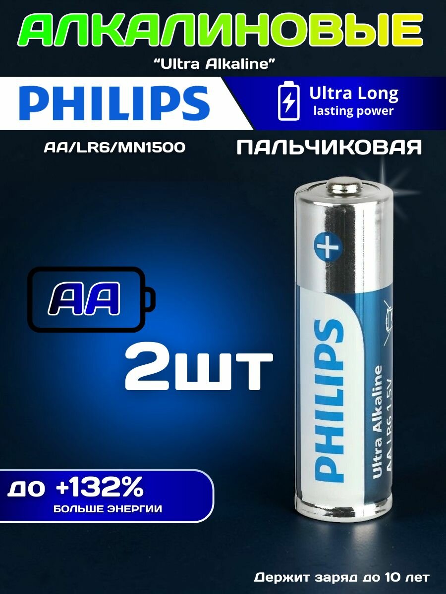 Батарейки Philips алкалиновые/ "пальчиковые"/Ultra Alkaline/ АА (LR6)/ блистер 2 шт.