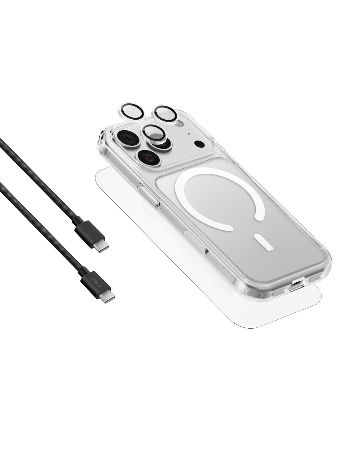 Набор Uniq на iPhone 18 Pro/17 Pro, ClearVue 360 4в1, стекло для экрана и камеры + чехол с MagSafe и кабель 1м