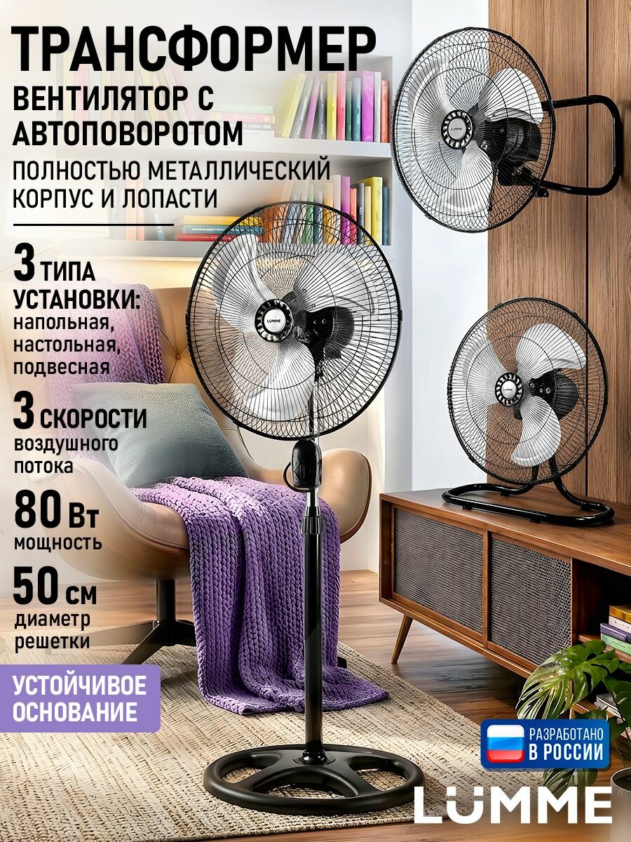 LUMME Вентилятор напольный 3 в 1 , настольный, настенный d50 см, 80Вт, черный жемчуг