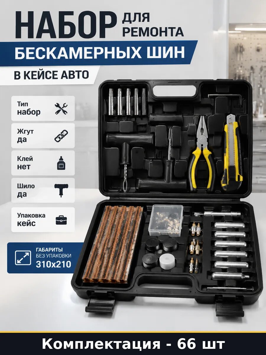 Набор для ремонта бескамерных шин 66 шт в кейсе авто