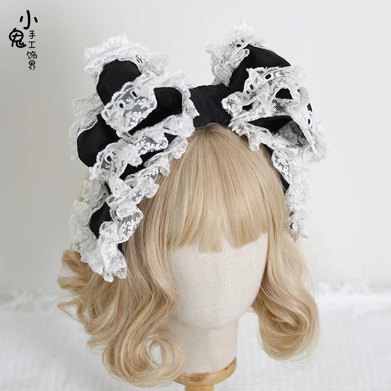 Карамельный кружевной бант для волос Черный, Pleated Black