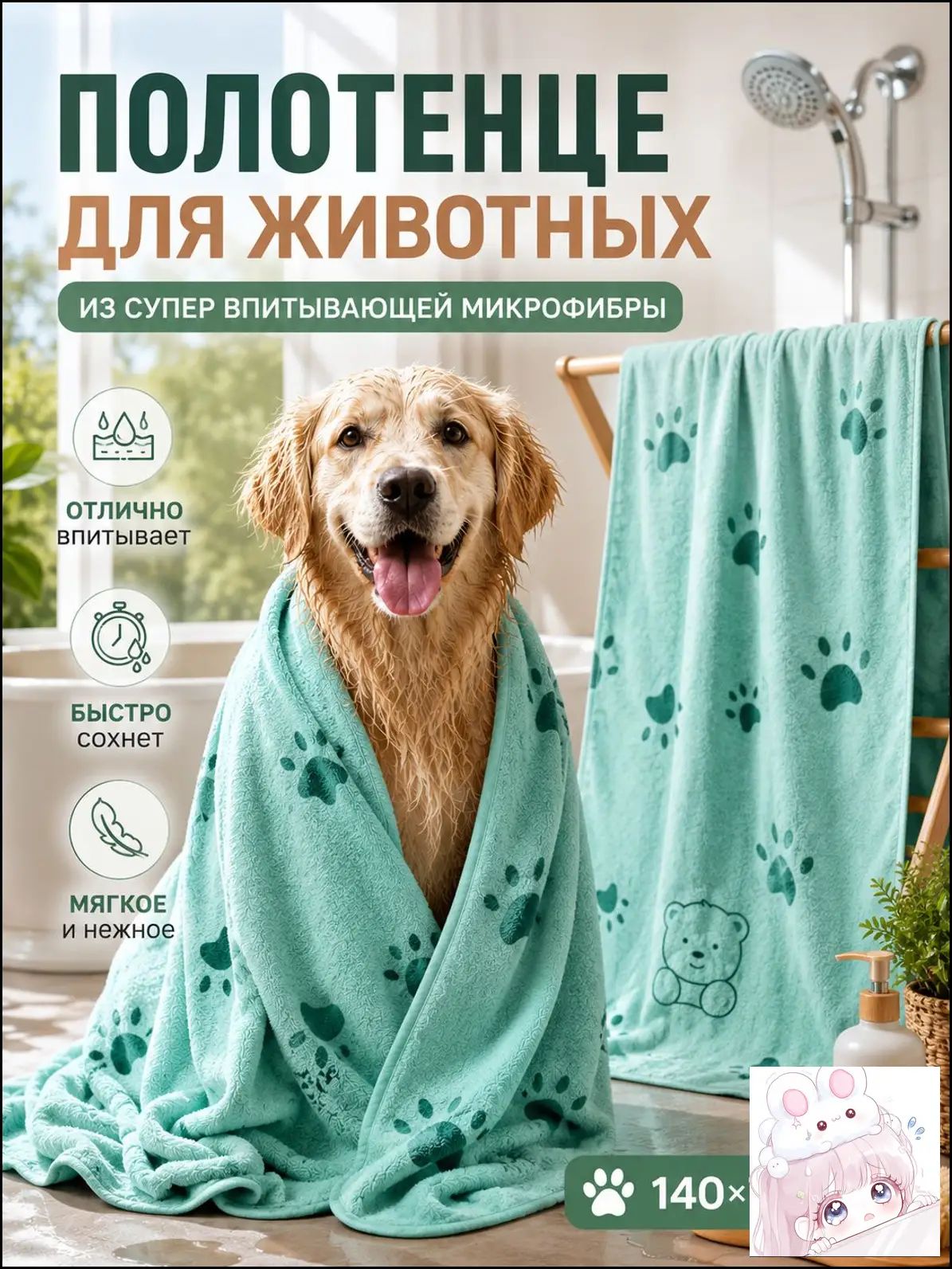 Микрофибровое полотенце для собак и кошек после купания, размер 70х140 см, светло-зеленый цвет