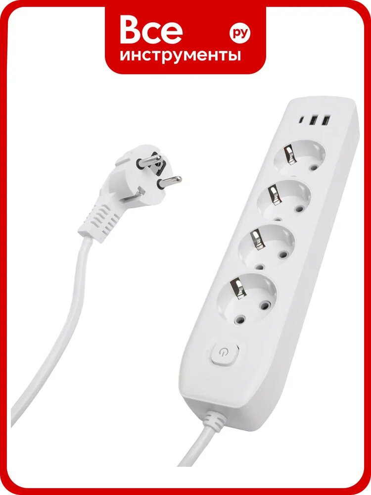 Удлинитель STEKKER 4-местный c/з 3x1 мм2, 1,8 м, 250В, 10А, 2USB+1Type-C 2,4А, серия Home, белый HM08-43-02, 49971