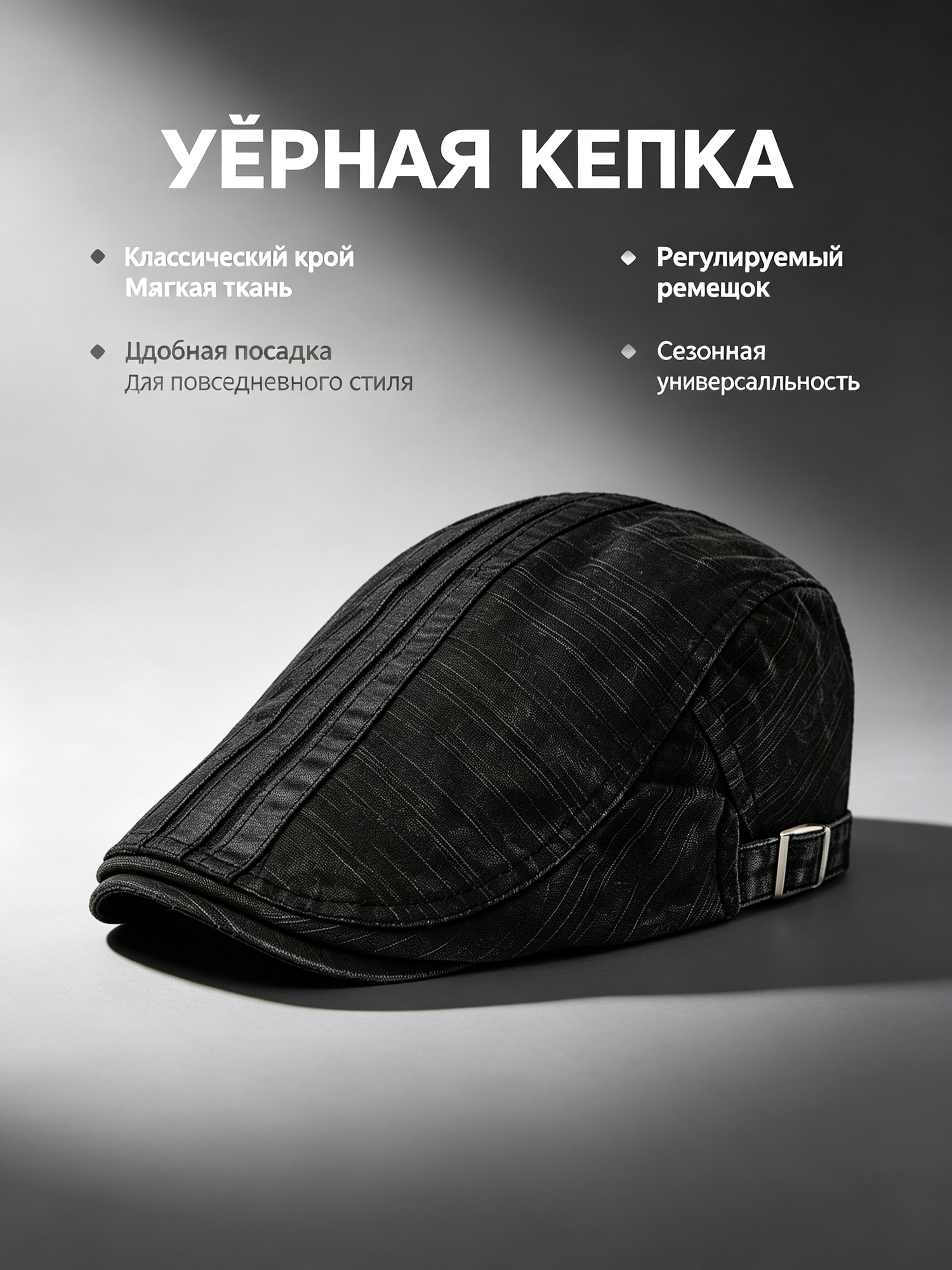 Кепка чёрная, классический крой, мягкая ткань, регулируемый ремешок, для повседневного стиля, универсальная