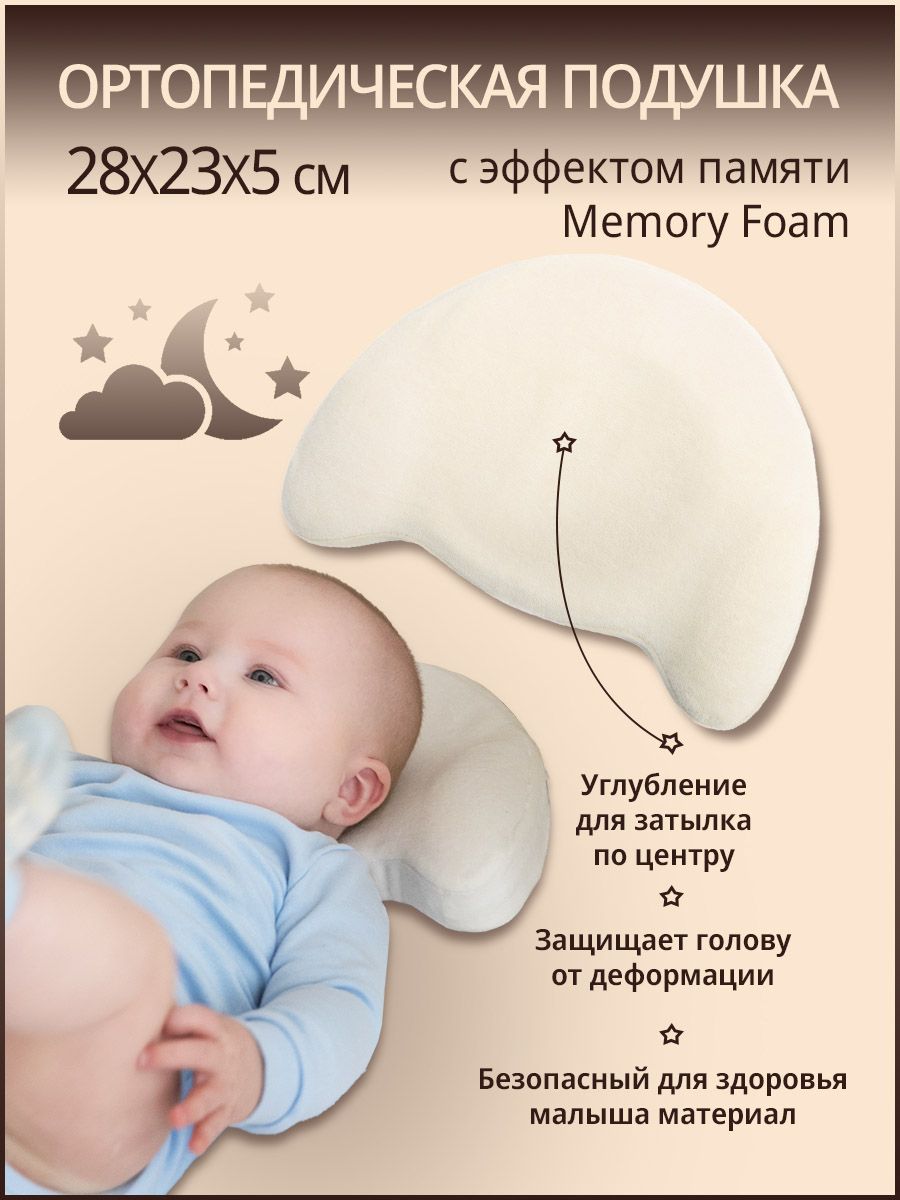 Подушка ортопедическая детская с эффектом памяти "Мишка" для новорожденных в кроватку, коляску.
