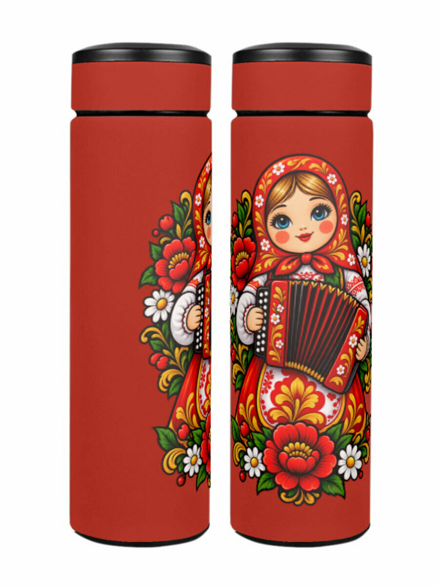 Термос «Матрёшка с гармошкой в цветах» (красный)