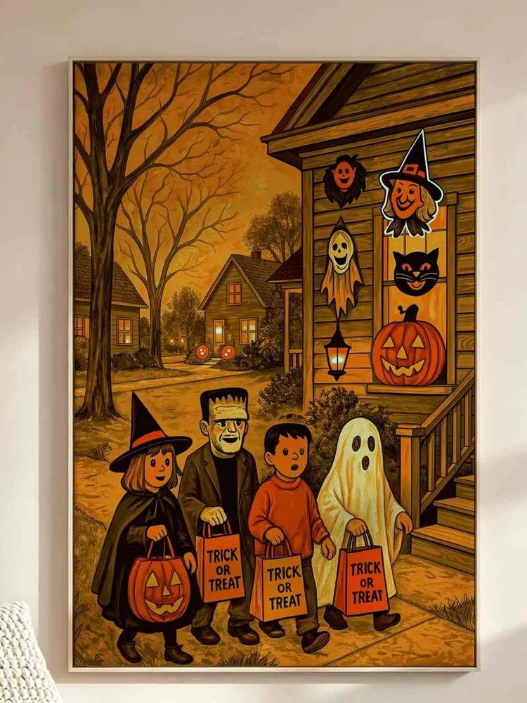 Картина "хэллоуинская сцена с trick or treat (дети с мешками для конфет на улице)" 50x70 см, 1