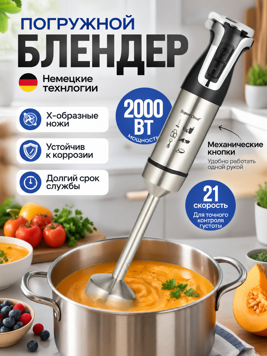 Погружной блендер 2000 Вт, металлический корпус, X-образные ножи, 21 скорость, серебристый