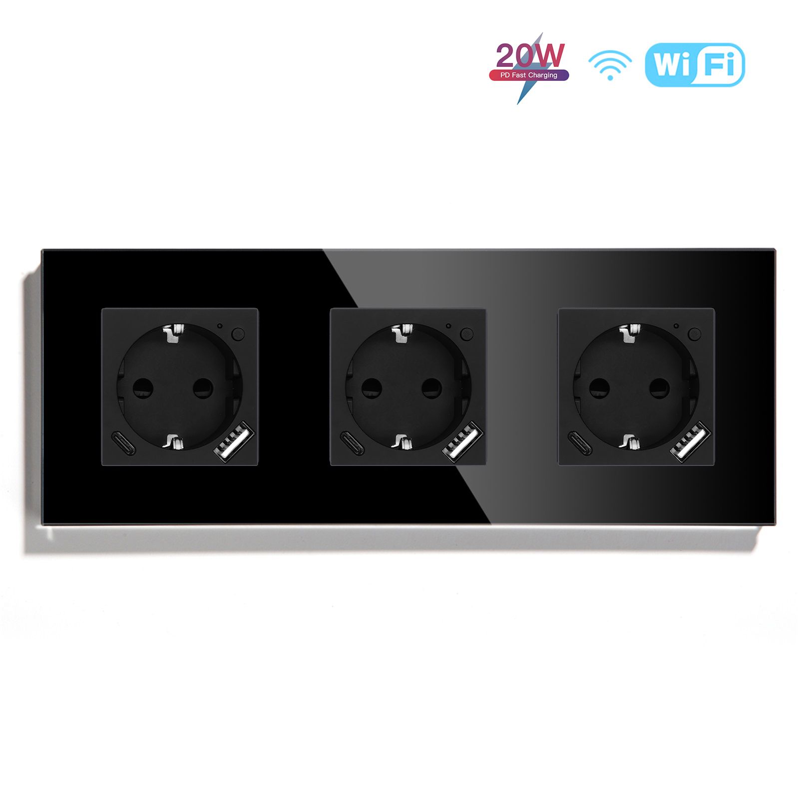 Розетка Умная WiFi тройная с USB и type-C входами, быстрая зарядка 20W, с мониторинг потребления, рамка стекло Чёрный