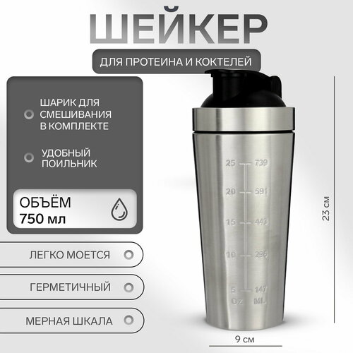 Шейкер спортивный для коктейлей, для протеина, 750 мл, 23 x 9 см, хром