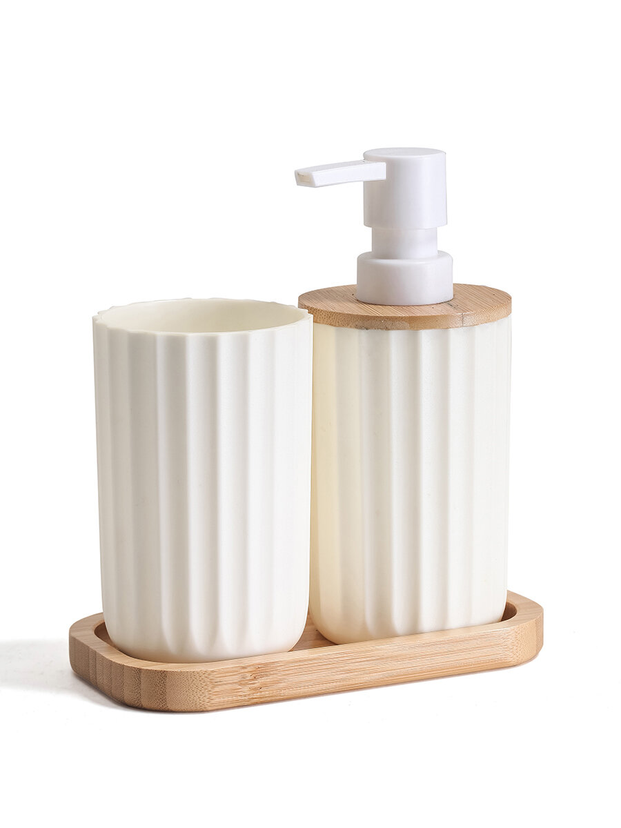 Стакан для щеток лайт пластик/бамбук белый — фото 1