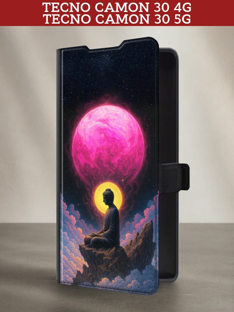 Чехол-книжка на Tecno Camon 30 4G/Tecno Camon 30 5G / Текно Камон 30 4G с принтом Монах на розовой луне, черный