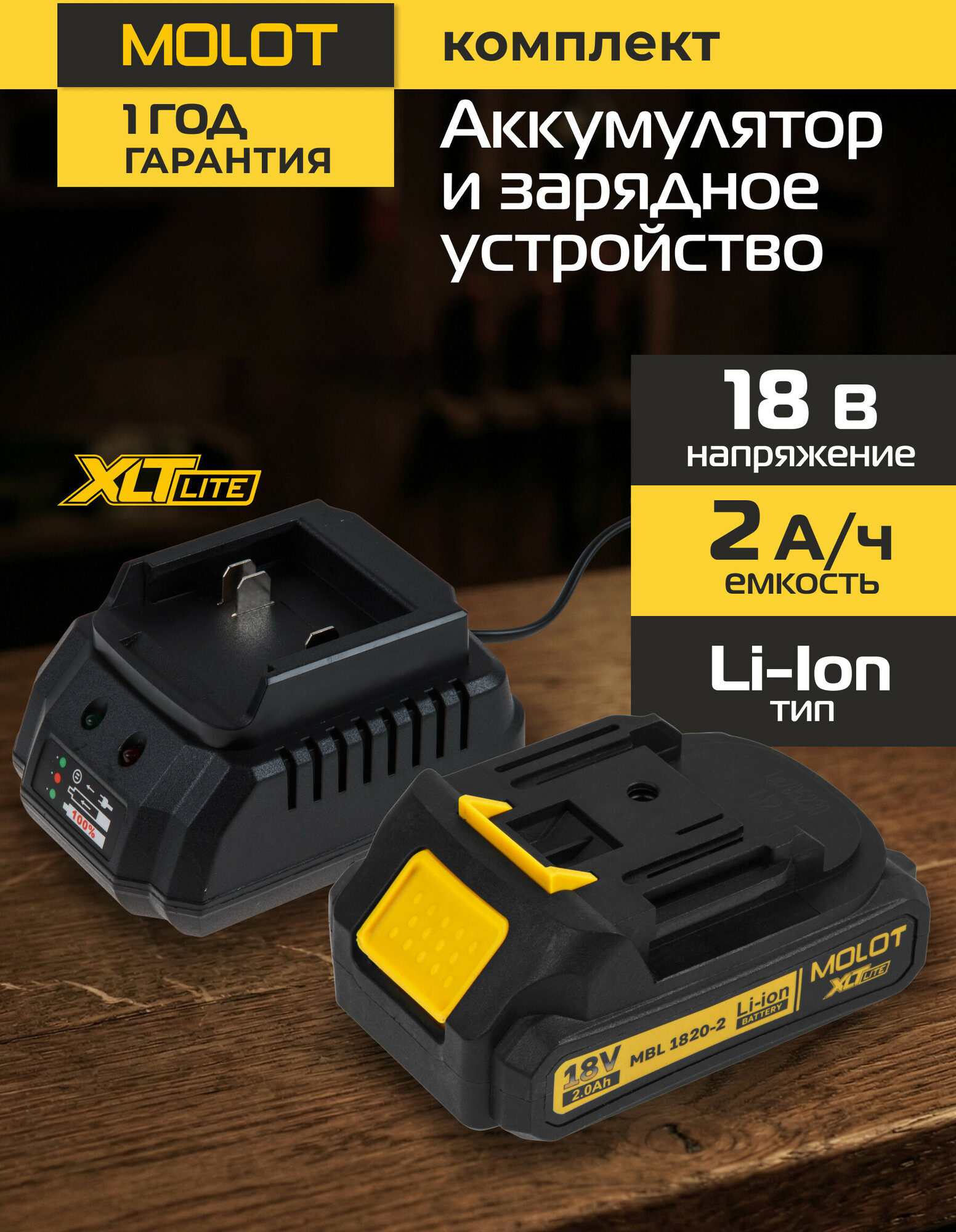 Комплект аккумулятор 18В 2 Ач и зарядное устройство MOLOT XLT Lite (2329089)