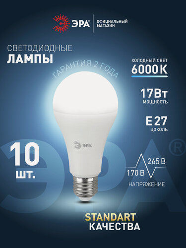 Изображение товара Лампочка светодиодная ЭРА LED E27 17 Вт A60 груша 6000К холодный белый свет набор 10 штук