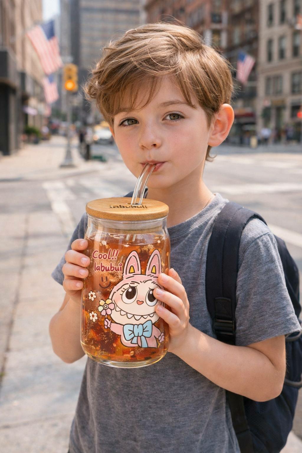 Стеклянный стакан Labubuli с бамбуковой крышкой — удобная, экологичная и стильная бутылка для детей и взрослых (350 мл)