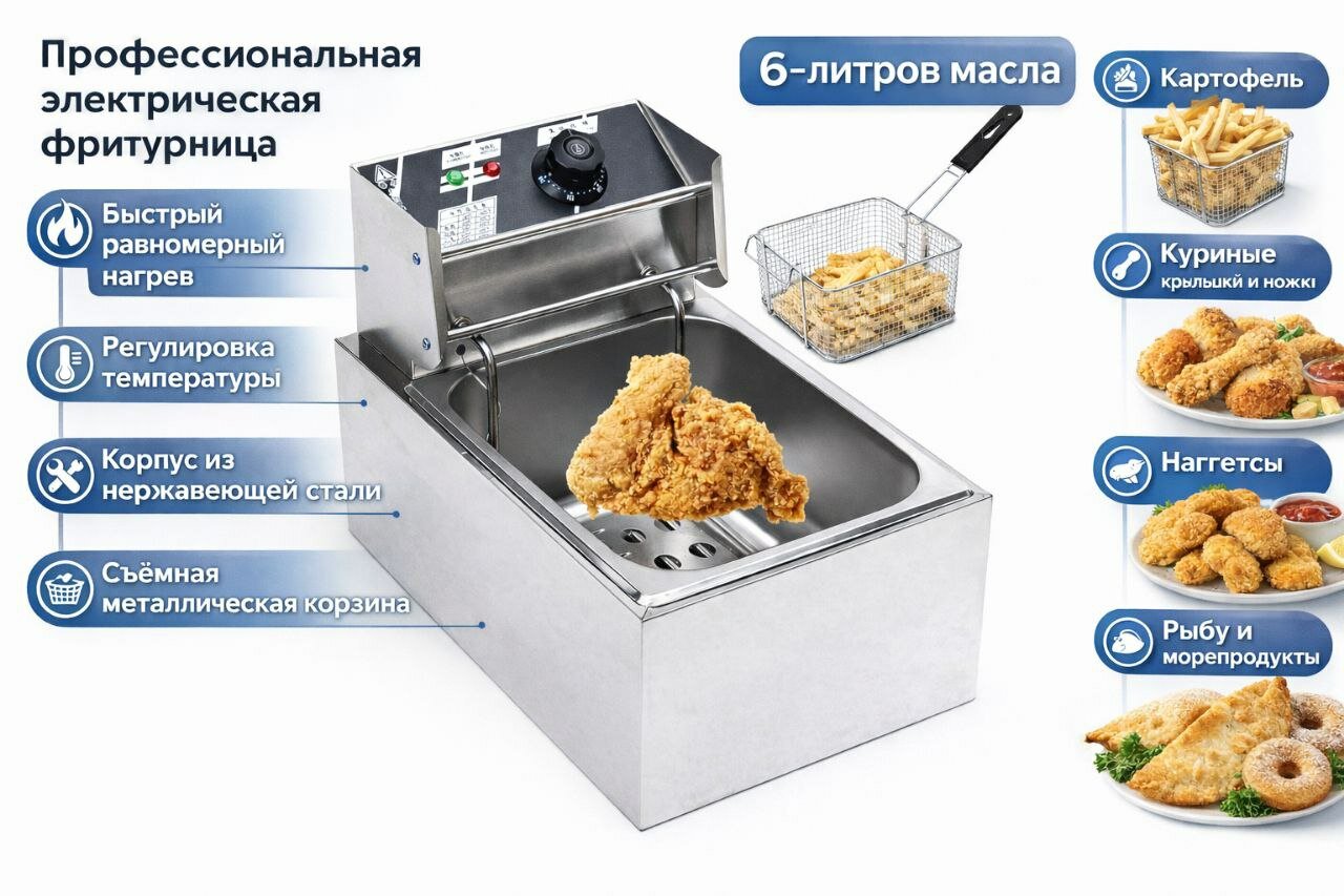 Фритюрница, нержавеющая сталь, профессиональная, электрическая, хрустящая корочка