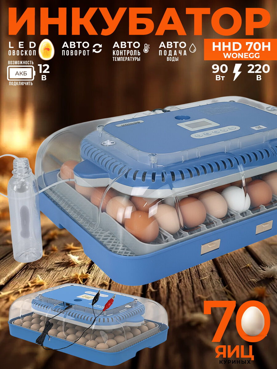 Инкубатор для яиц автоматический HHD 70H с контролем влажности и резервным питанием 220В/12В овоскопом