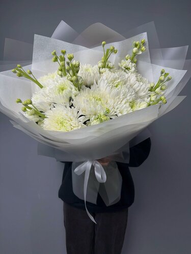 Изображение товара Белая симфония: 10 хризантем Антонов и 10 маттиол – FRESH FLORA купить свежие цветы с доставкой