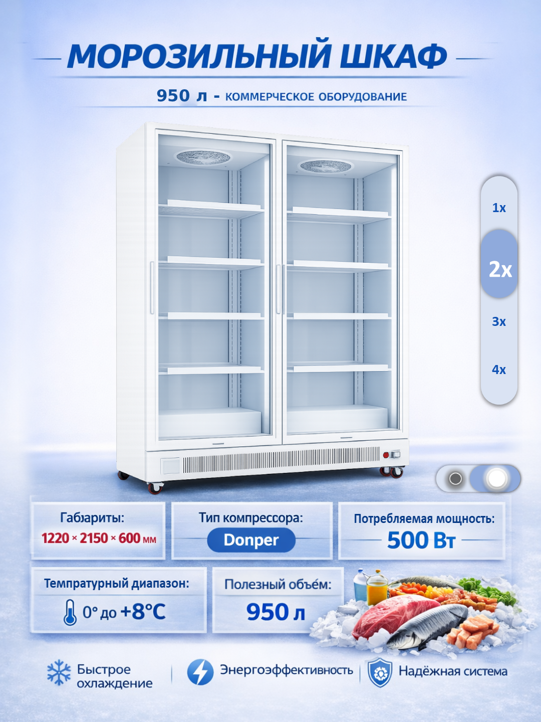 Витринный холодильник коммерческий до 2500 л, стеклянные двери, компрессор Donper