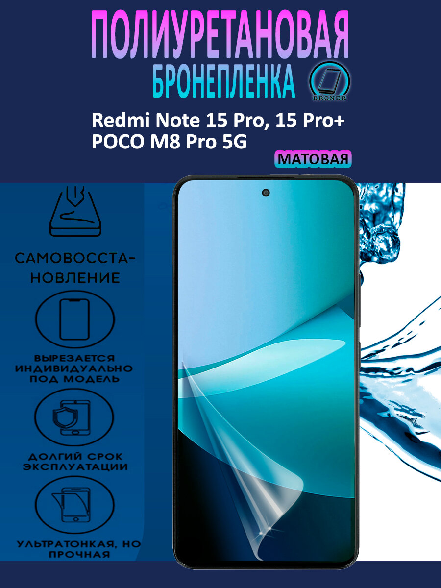Полиуретановая бронепленка для Xiaomi Redmi Note 15 Pro, 15 Pro+, POCO M8 Pro 5G / Защитная плёнка на экран, совместима с чехлом, с вырезом под камеру / Матовая
