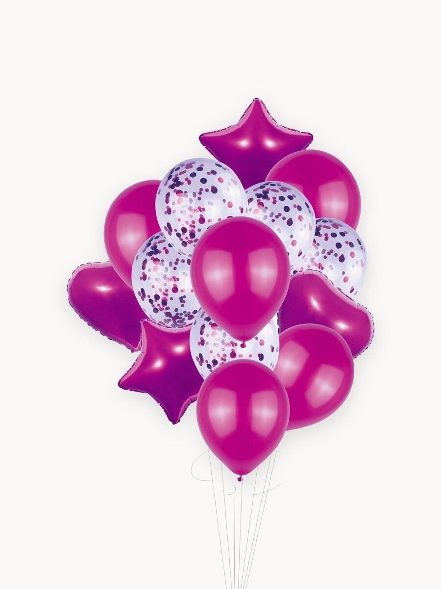 Набор воздушных шаров из фольги и латекса с конфетти 14 штук фуксия, украшение на день рождения
