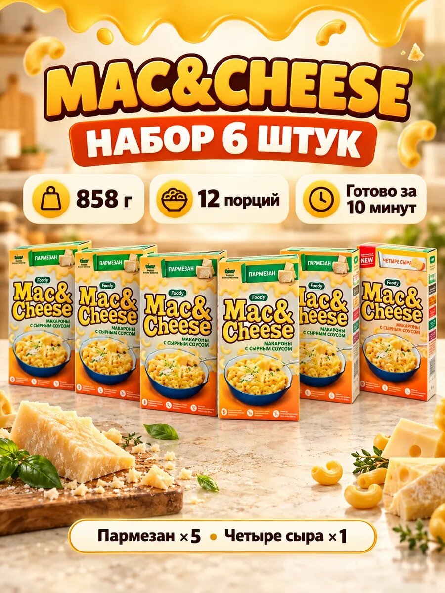 Макароны Mac&Cheese Пармезан ×5, 4 сыра набор 6 шт 858 г, срок годности 306 дней