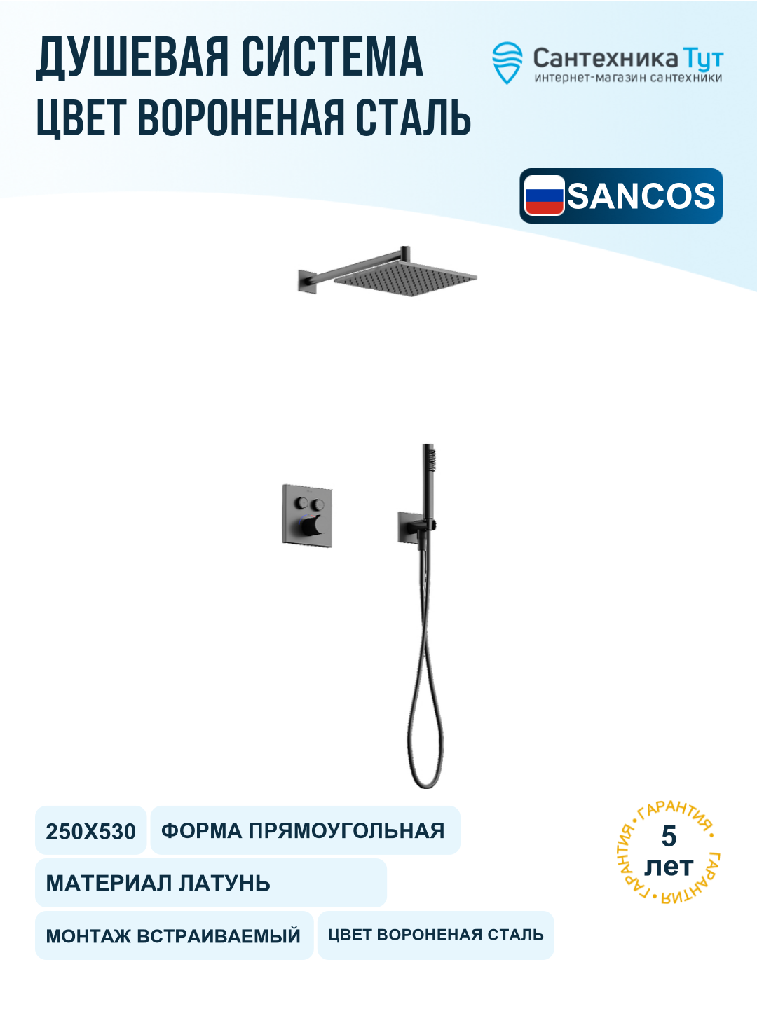 Душевая система Sancos Linn SC9022GG с термостатом Вороненая сталь