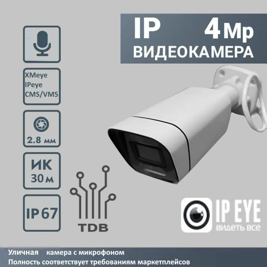 Видеокамера IP (4Mp, F) уличная TDB-IP402, Встр. микр+динамик, SD, PoE, IPEYE