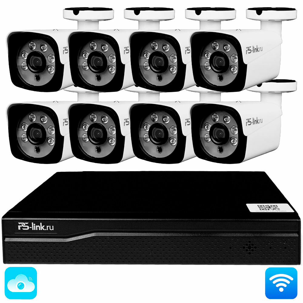 WI-FI Комплект видеонаблюдения с 8 камерами 3Мп PS-Link KIT-W308TB для улицы, микрофон, приложения IP Pro, Eseecloud