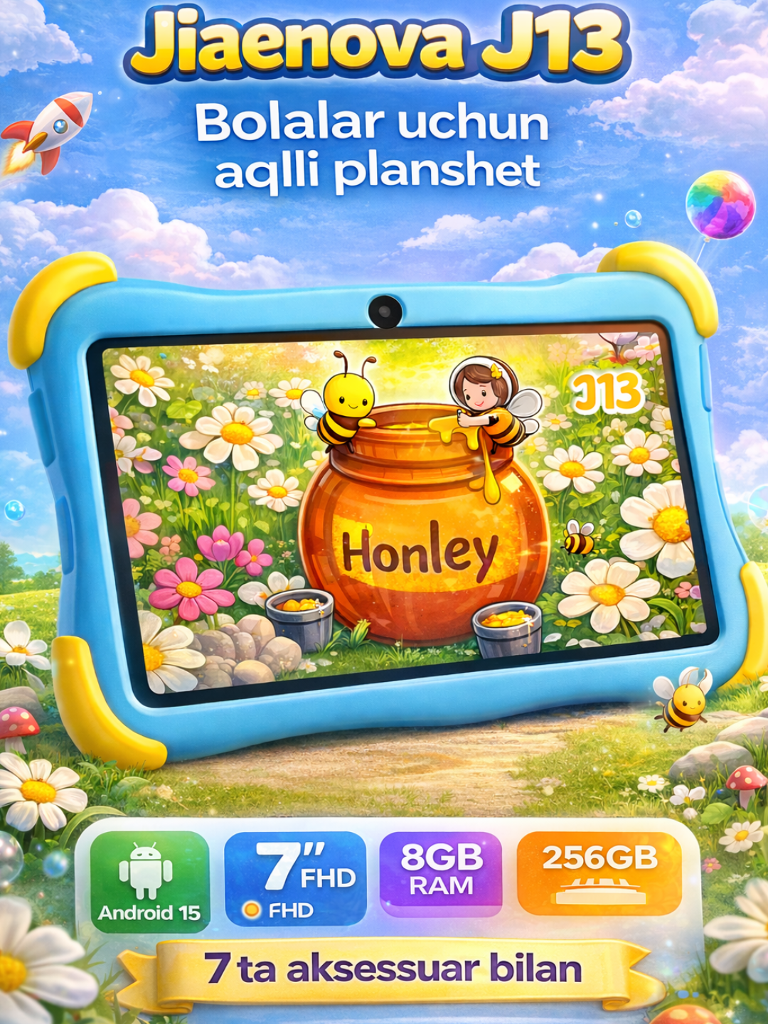 Детский планшет Jiaenova J13 – 7" FHD экран, 8GB RAM, 256GB память, Android 15, WiFi, комплект с 7 аксессуарами