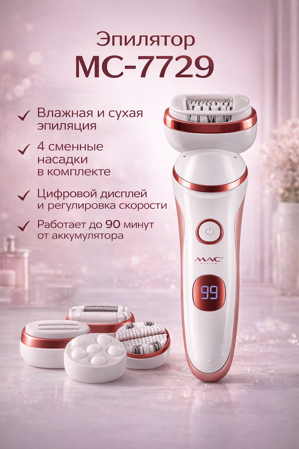 Эпилятор электрический MC-7729 с насадками для гладкой кожи | магазин ElectroD
