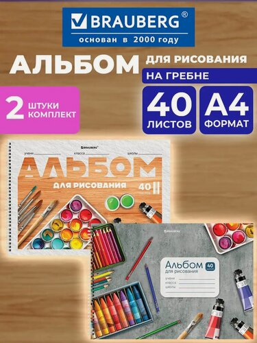 Изображение товара Альбом для рисования в школу А4 40 листов на спирали, набор 2 штуки, обложка картон, Brauberg Классика, 107740