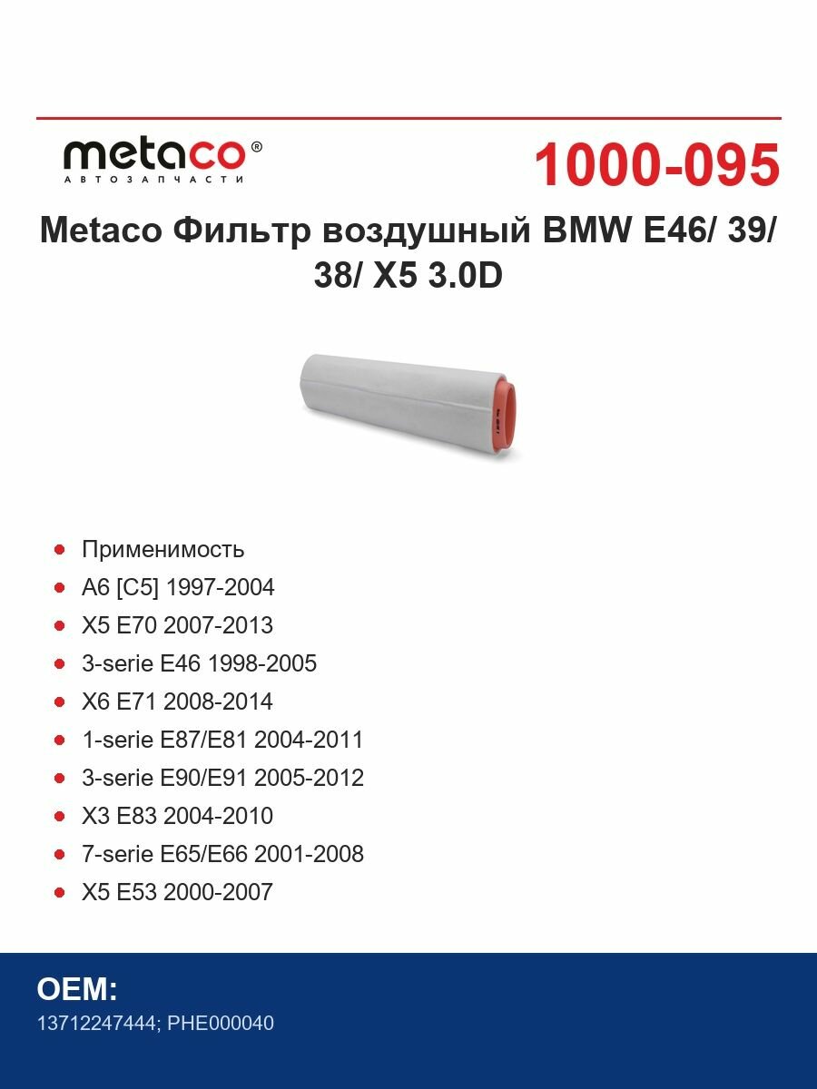 Metaco Фильтр воздушный BMW E46/ 39/ 38/ X5 3.0D