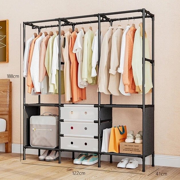 Металлическая напольная вешалка для одежды 3 секции 122x41x188 см черная