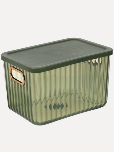 Изображение товара Корзина для хранения вещей прямоугольная 18.5х26х16.2 см, пластиковая зеленая с крышкой и ручками, модель Y4-7052