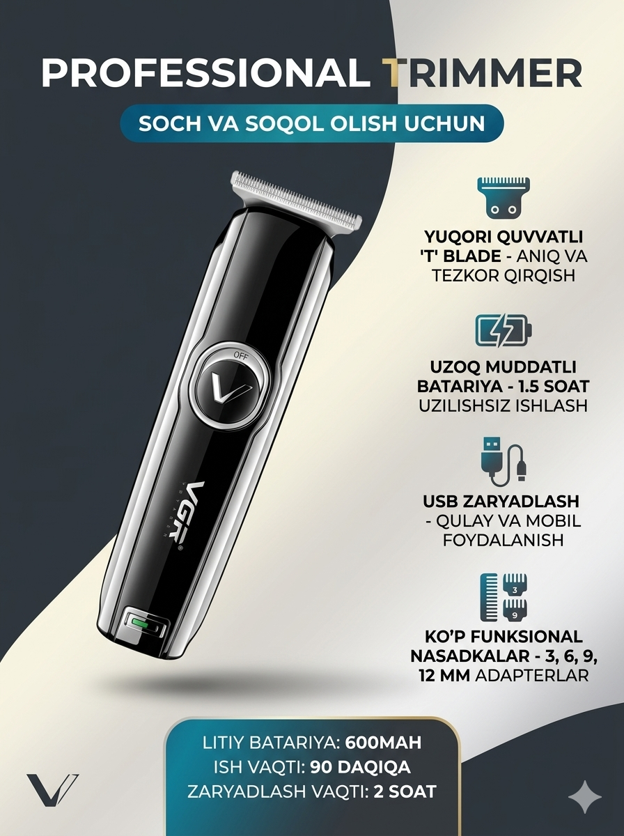 VGR V-168 Профессиональный триммер - для стрижки волос и бороды, USB-зарядка, черный