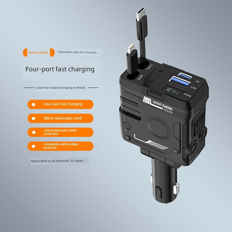 Автомобильный двойной USB-C зарядное устройство с быстрой зарядкой: USB-C и Lightning порты, черный цвет для авто