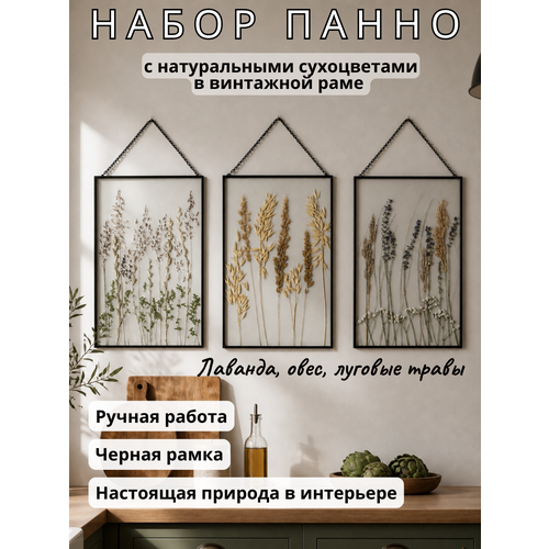 фото Набор панно с сухоцветами в чёрной раме стеклянный гербарий 3 штуки, интерьерный декор, ручная работа forget-me-not