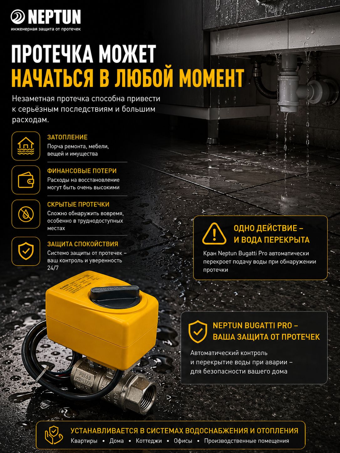 Кран шаровый с электроприводом Neptun Bugatti Pro 220 В 1/2", автоматический кран от протечек — фото 1