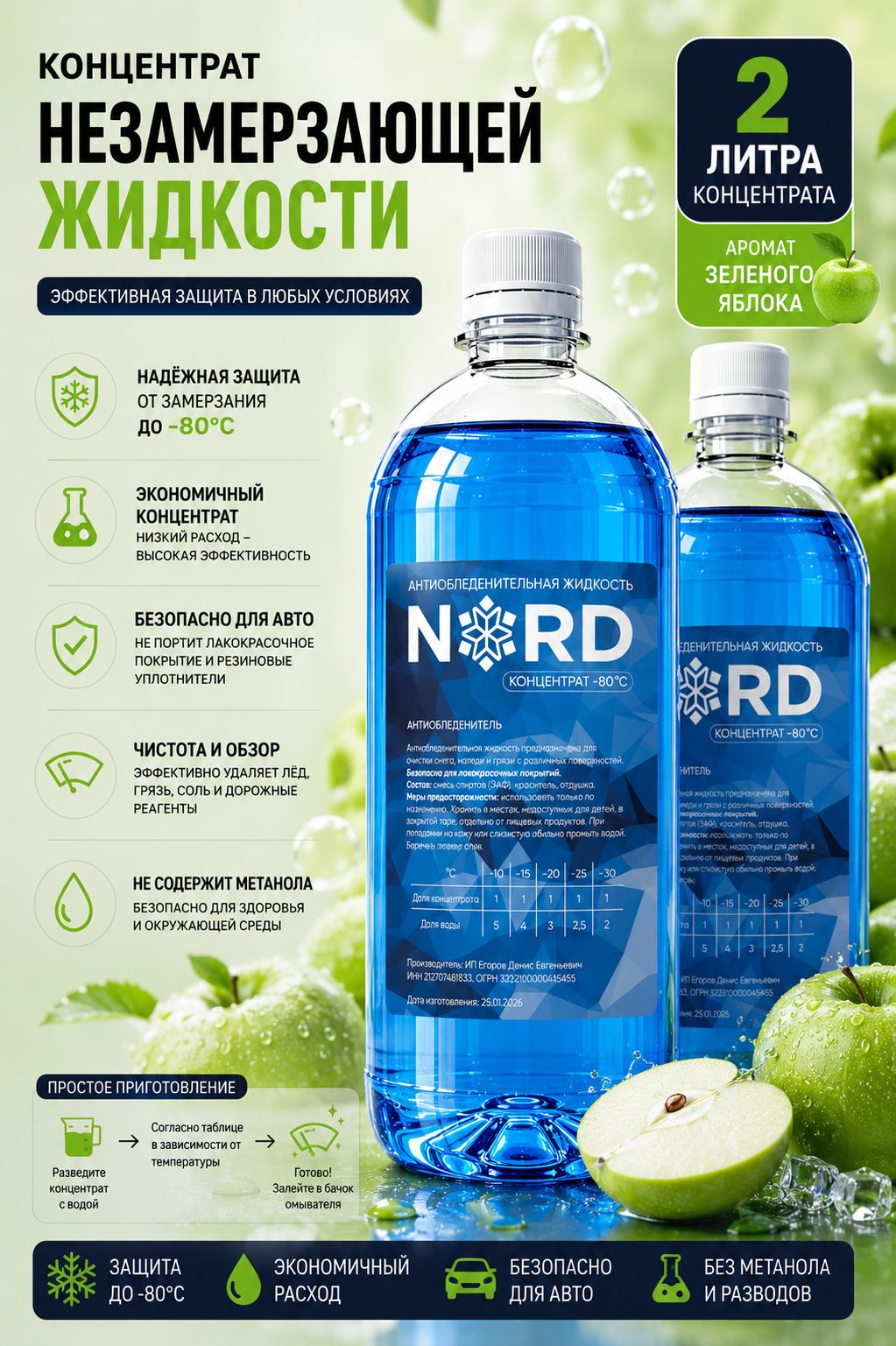 Концентрат незамерзающей жидкости NORD с ароматом Яблоко 2л