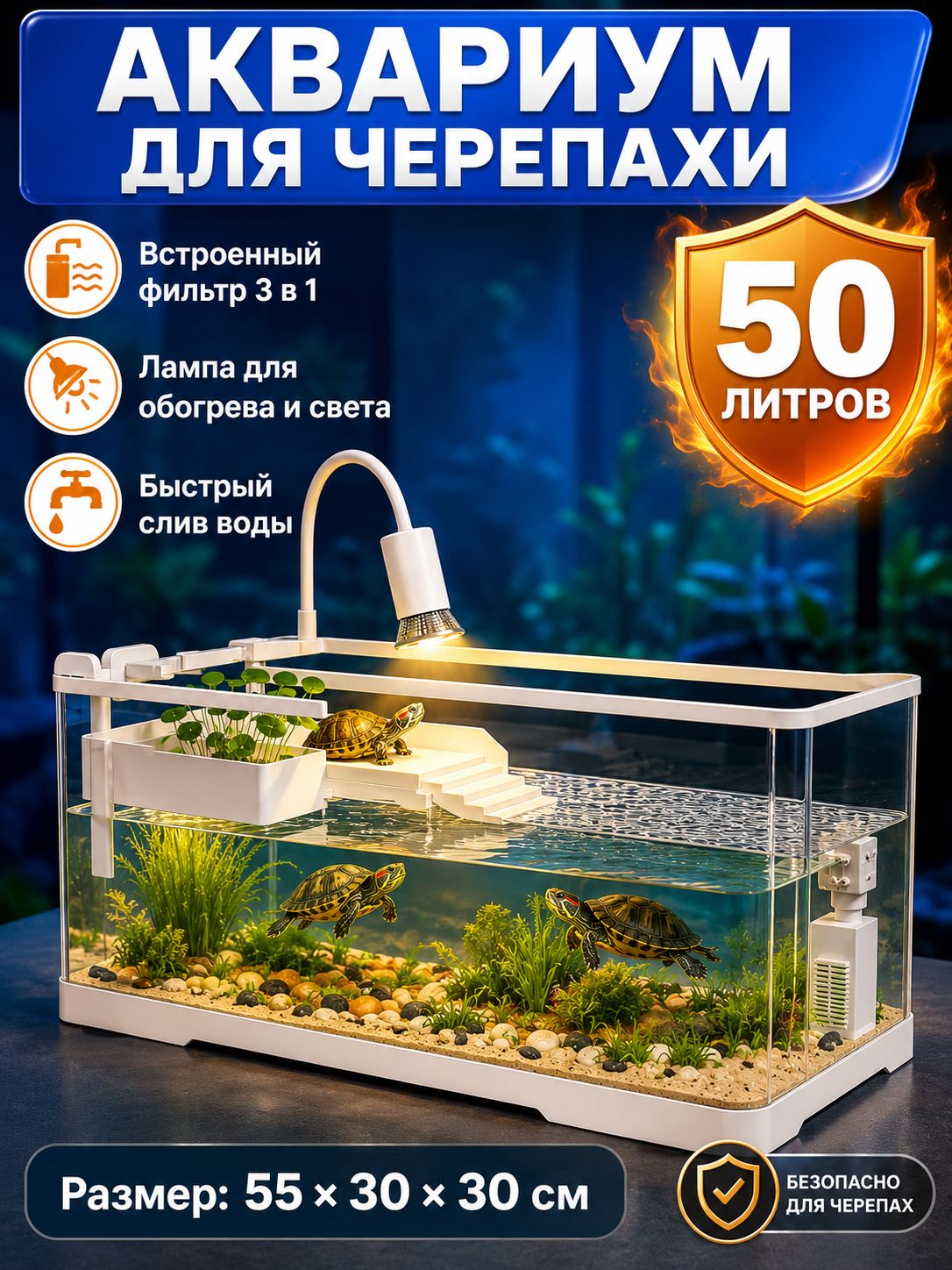 Аквариум для черепахи красноухой, 50 л, 55 30 30 см, с фильтром и крышкой, с УФ-лампой и подсветкой, пластиковый, для