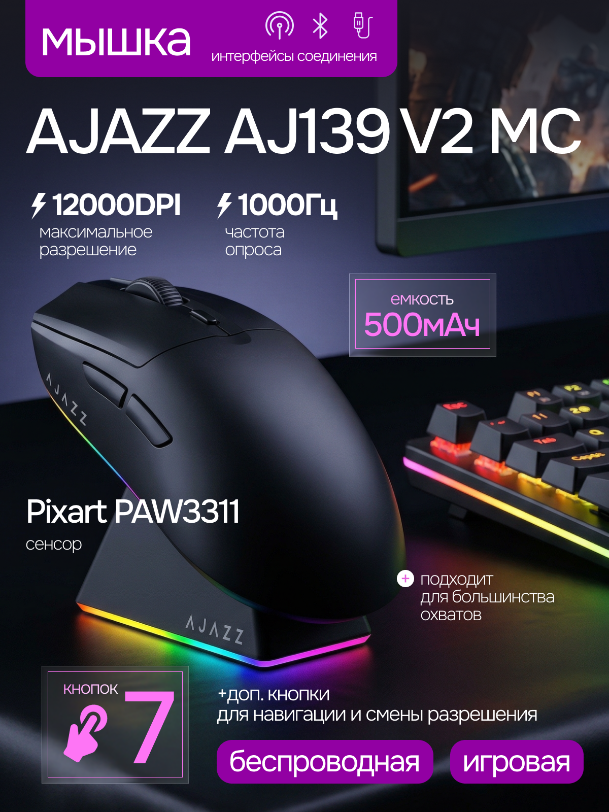 Игровая мышь AJAZZ "AJ139 V2 MC", беспроводная, Bluetooth, 6 клавиш, оптическая, черная