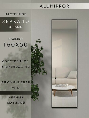 Изображение товара Зеркало настенное 160х50 см. черное в алюминиевой раме интерьерное ALUMIRROR