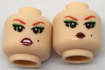 Minifigure, Head Dual Sided Female Red Eyebrows, Green Eye Shadow, Worried / Pursed Lips Pattern, 3626pb1786 Light Nougat U