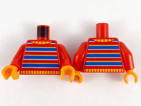 Torso Sweater, Bright Light Orange Collar, Yellow, Blue and White Stripes Pattern / Red Arms / Orange Hands, 973pb4079c01 Red U